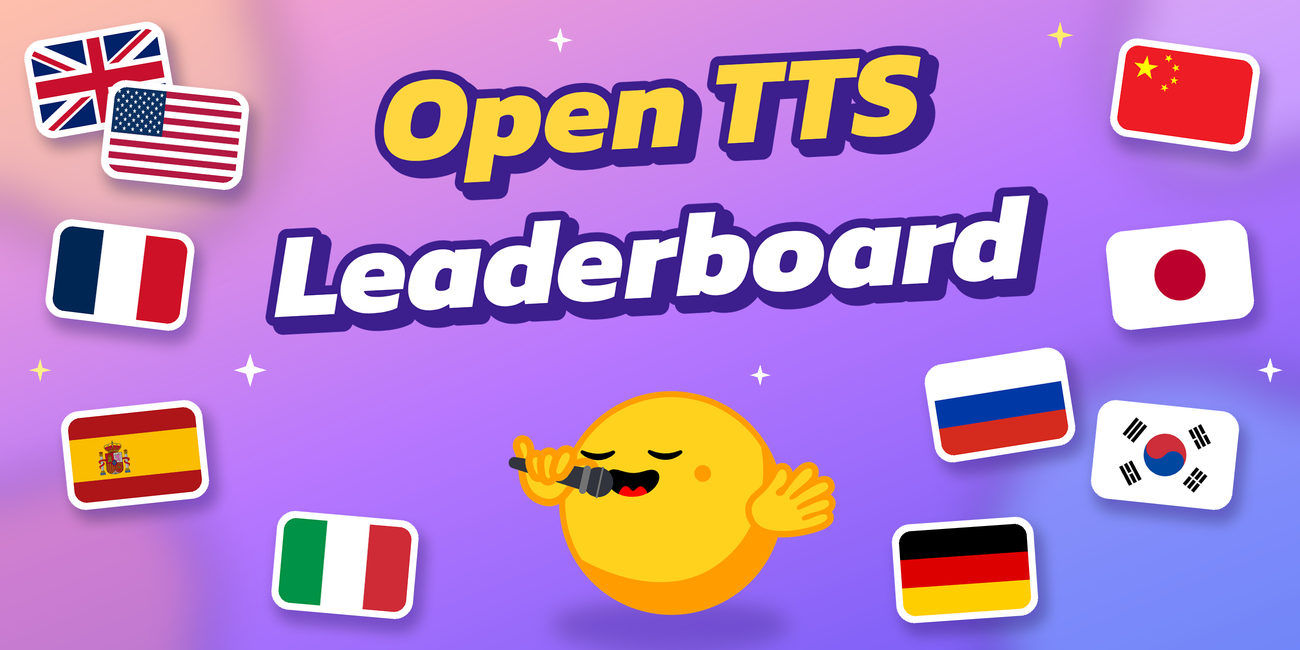 Open TTS Leaderboard 제목과 여러 국기, 마이크를 든 캐릭터를 담은 공식 대표 그림