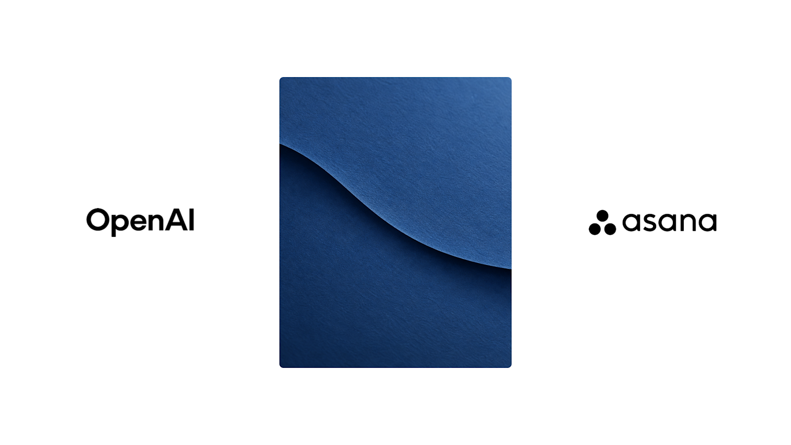 OpenAI and Asana logos on a white canvas with blue layered-paper artwork.