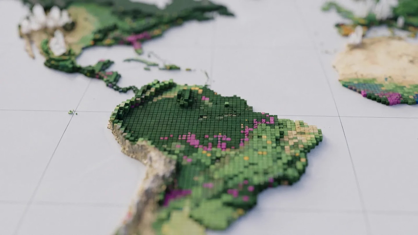 A close-up of a 3D voxel-style world map focusing on the blocky terrain of South America.