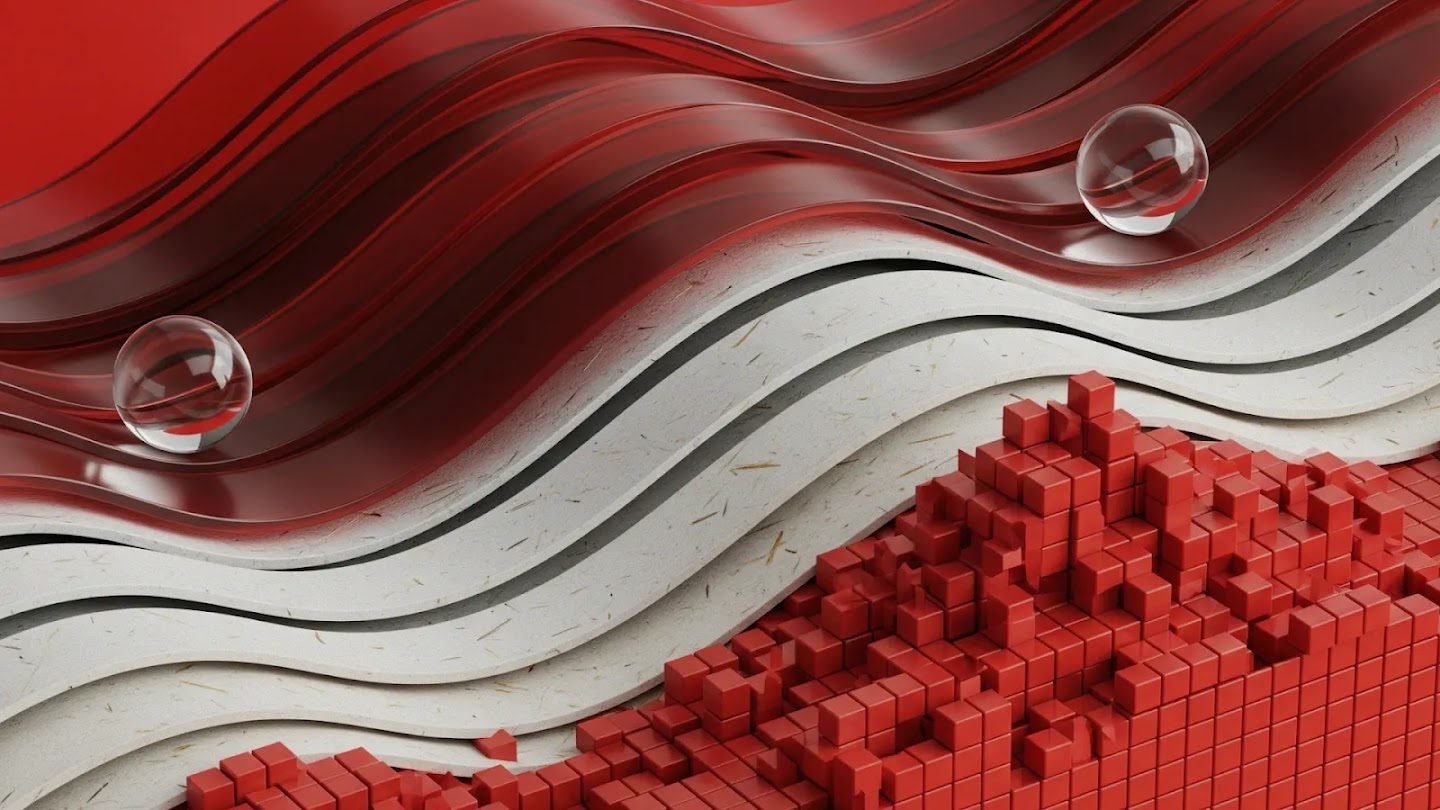 Abstract 3D design featuring wavy layers of glossy red and textured white akin to the Singapore flag, adorned with glass spheres and a pixelated red block formation