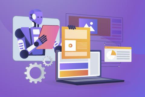 illustration of a robot holding a tablet next to a laptop displaying media content and gears on a purple background.