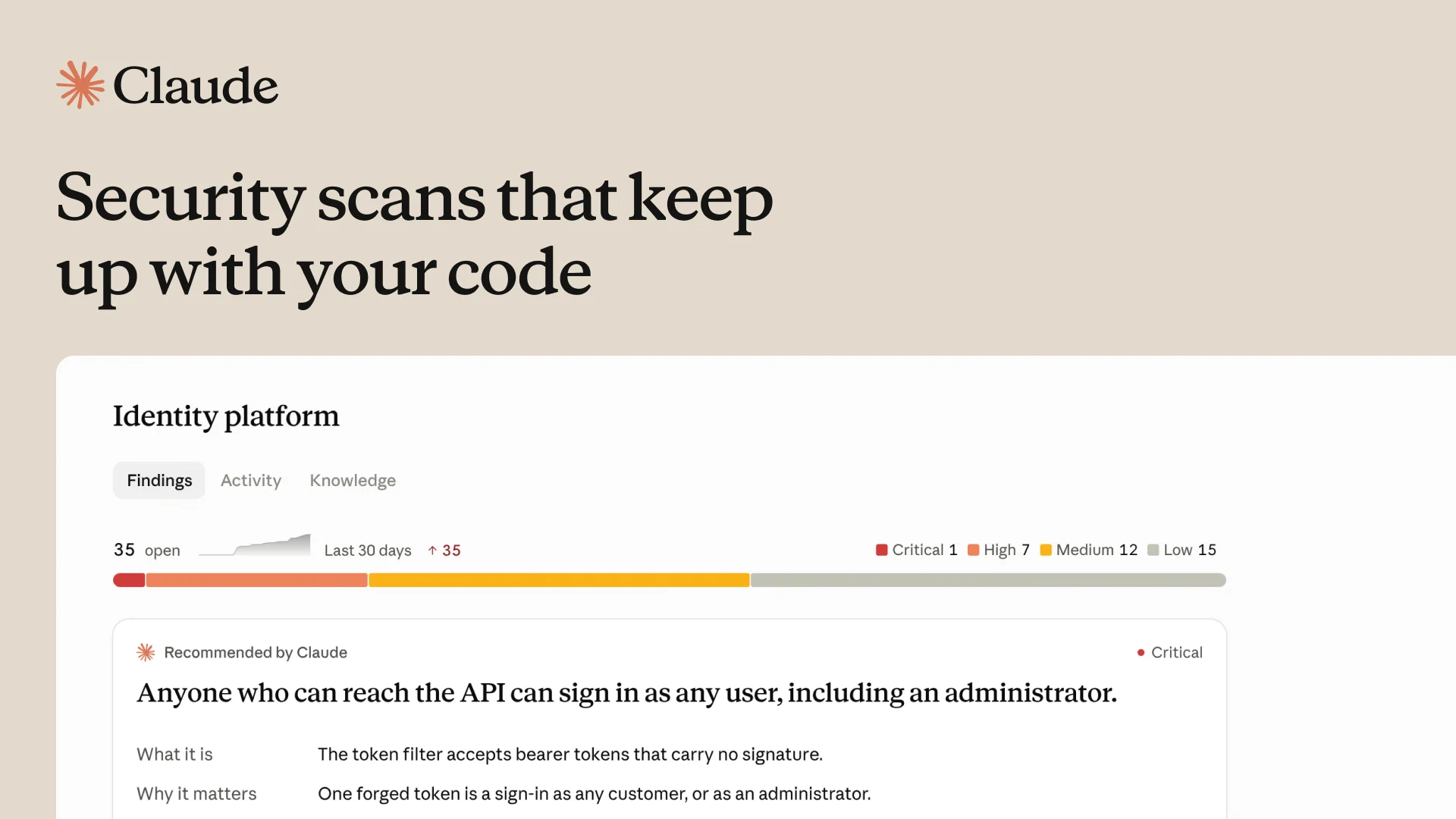 Claude Security now keeps up with your code as it changes. Connect your repositories once. Claude runs a deep first scan, then re-scans as changes land, so findings stay close to t 관련 공식 자료 이미지