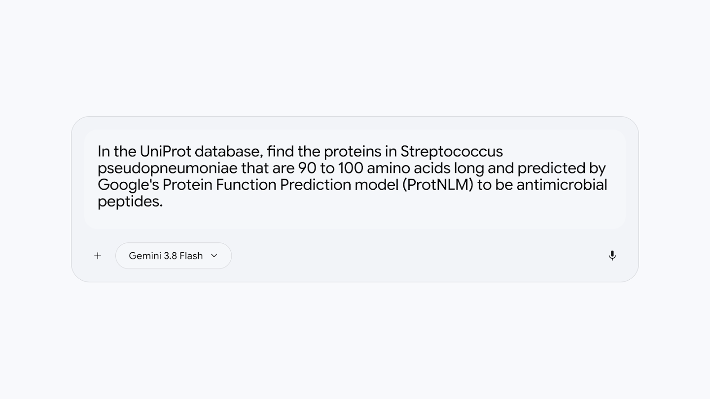 A screenshot of a chat interface showing a prompt for "Gemini 3.8 Flash" asking to find specific proteins in the UniProt database.