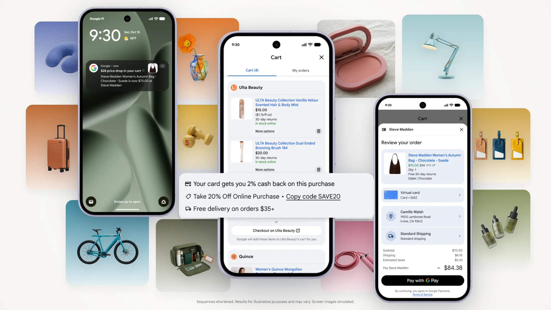 Images of the global cart UI, over a collage of products